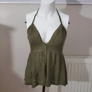 AEO Vintage 90's Halter Knit V-Cut Khaki Green Boho Retro top